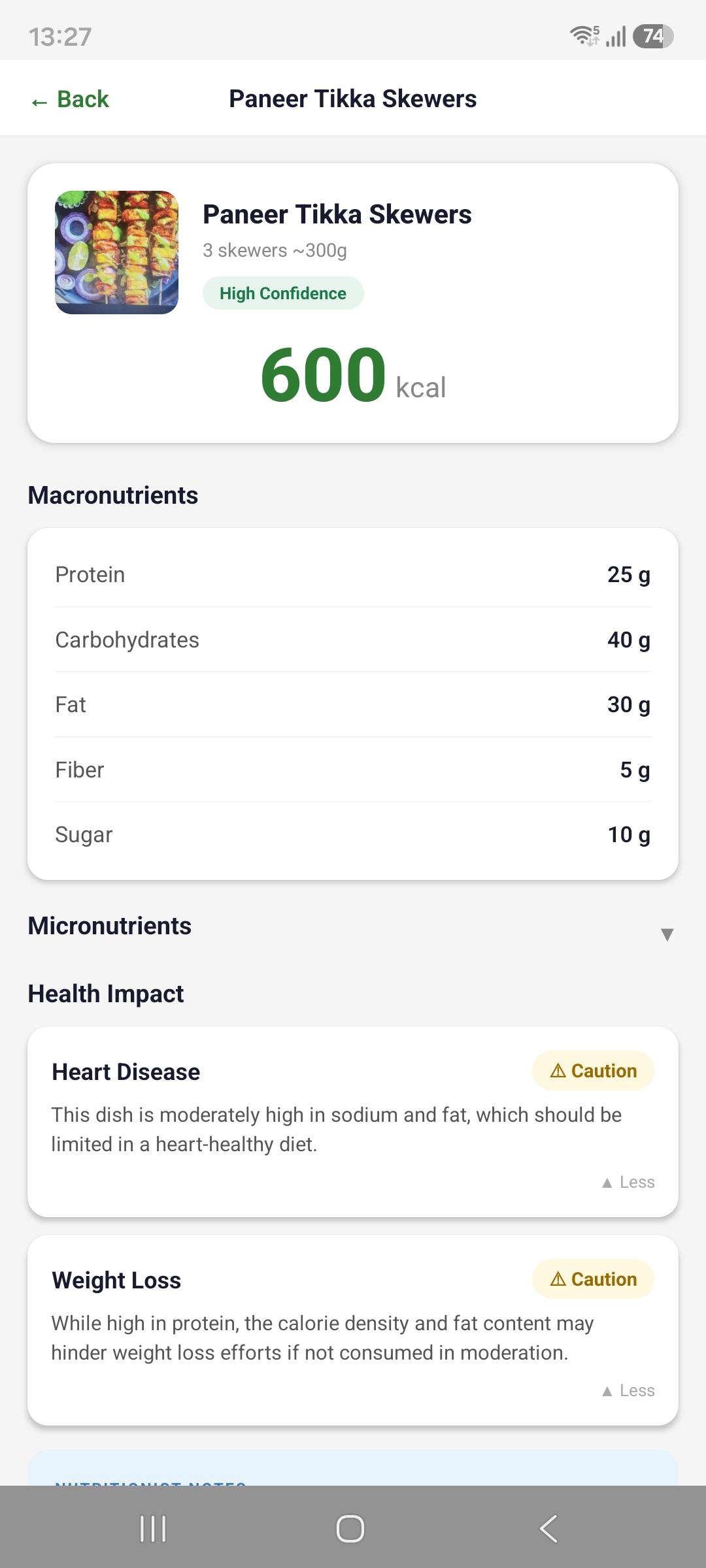 Nutrition results